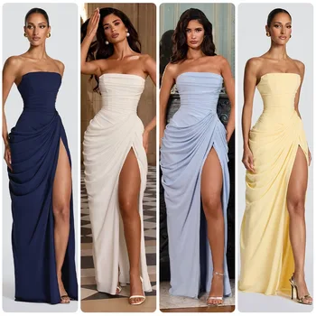 Women Sexy Solid Pleated Strapless Dress Lady Chic Off-shoulder Backless High Waist Split Dresses 2026 New Evening Party Gown 1