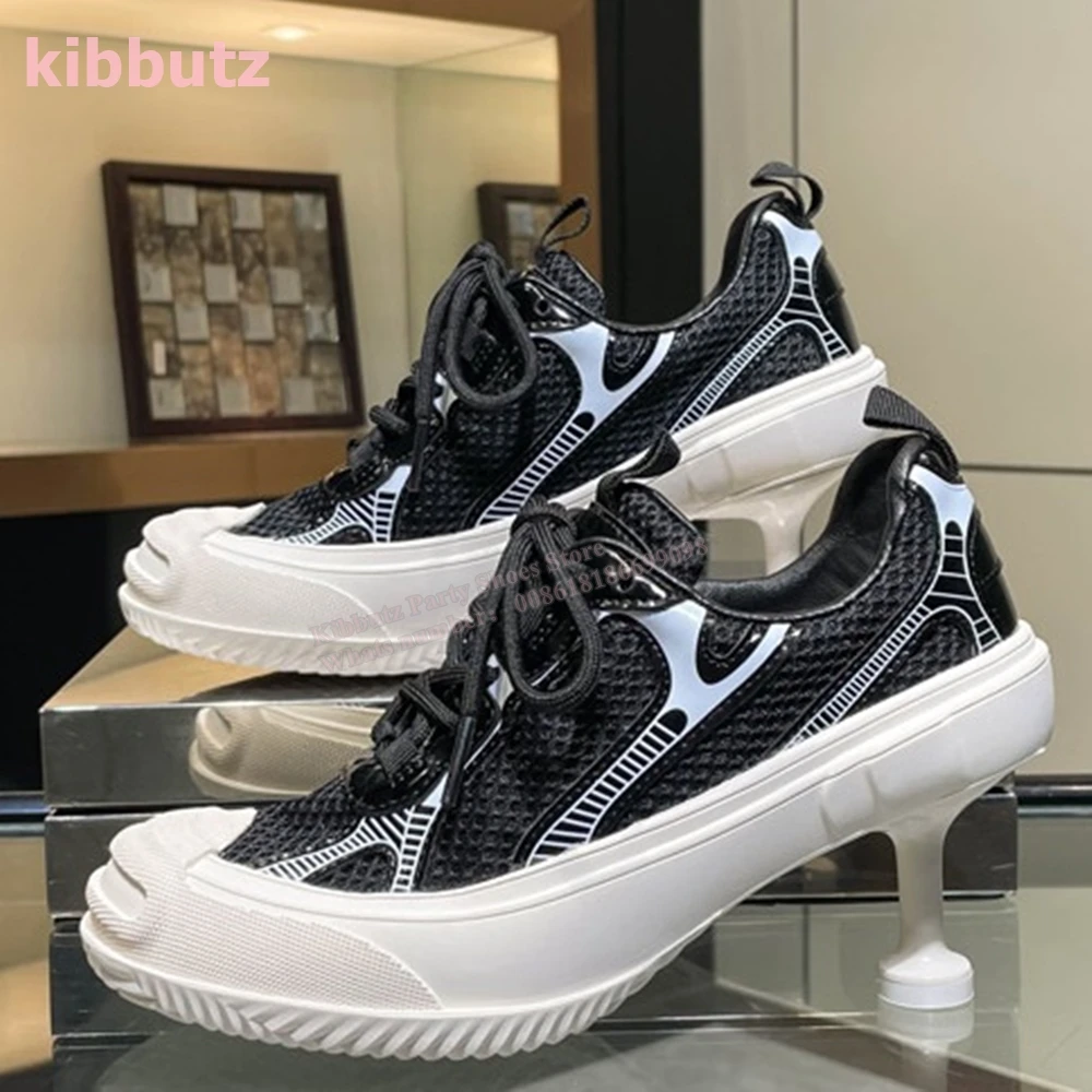 Patchwork Thin Heels Sneakers Mixed Color Round Toe Lace-Up Novelty Sexy Luxury Fashion Runway Show Comfortable Women Shoes New