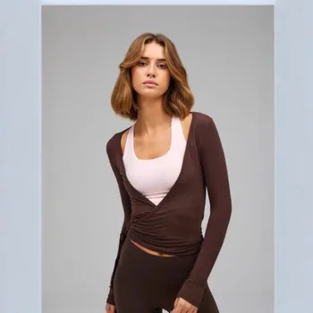 Women Yoga Wrap Tie Tops Y2k Solid Long Sleeve Slim Fit Crop Tops Ballet Workout Yoga T-Shirts Tees Coquette Sweet Chic Tops 1