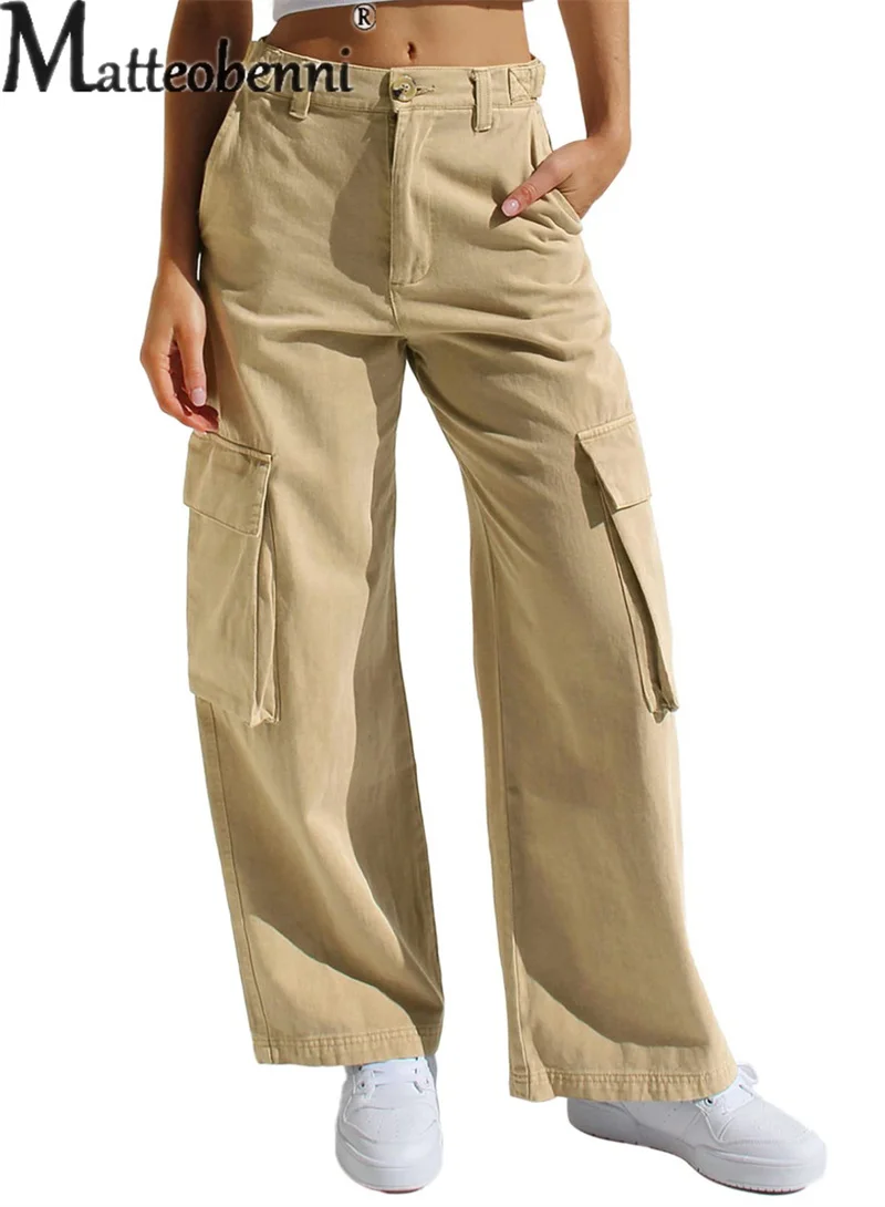 Fashion Casual Street Overalls Women Multi-pocket Splice Button Jeans Solid Color Denim Pants Female Commuter Straight Trousers