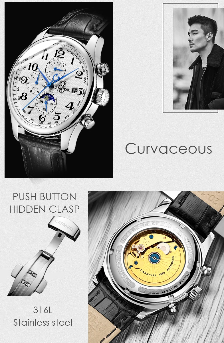 CARNIVAL Simple Men's Watches Relogio Masculino Automatic Mechanical Watch Men Leather Watch Calendar Display Watch For Men 0702