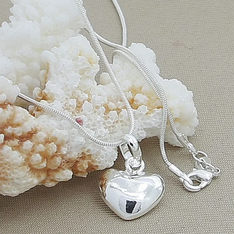 925 Sterling Silver Solid Heart Necklace 16-30 Inches Snake Chain For Women Lady Wedding Charm Fashion Jewelry party silver jewelry