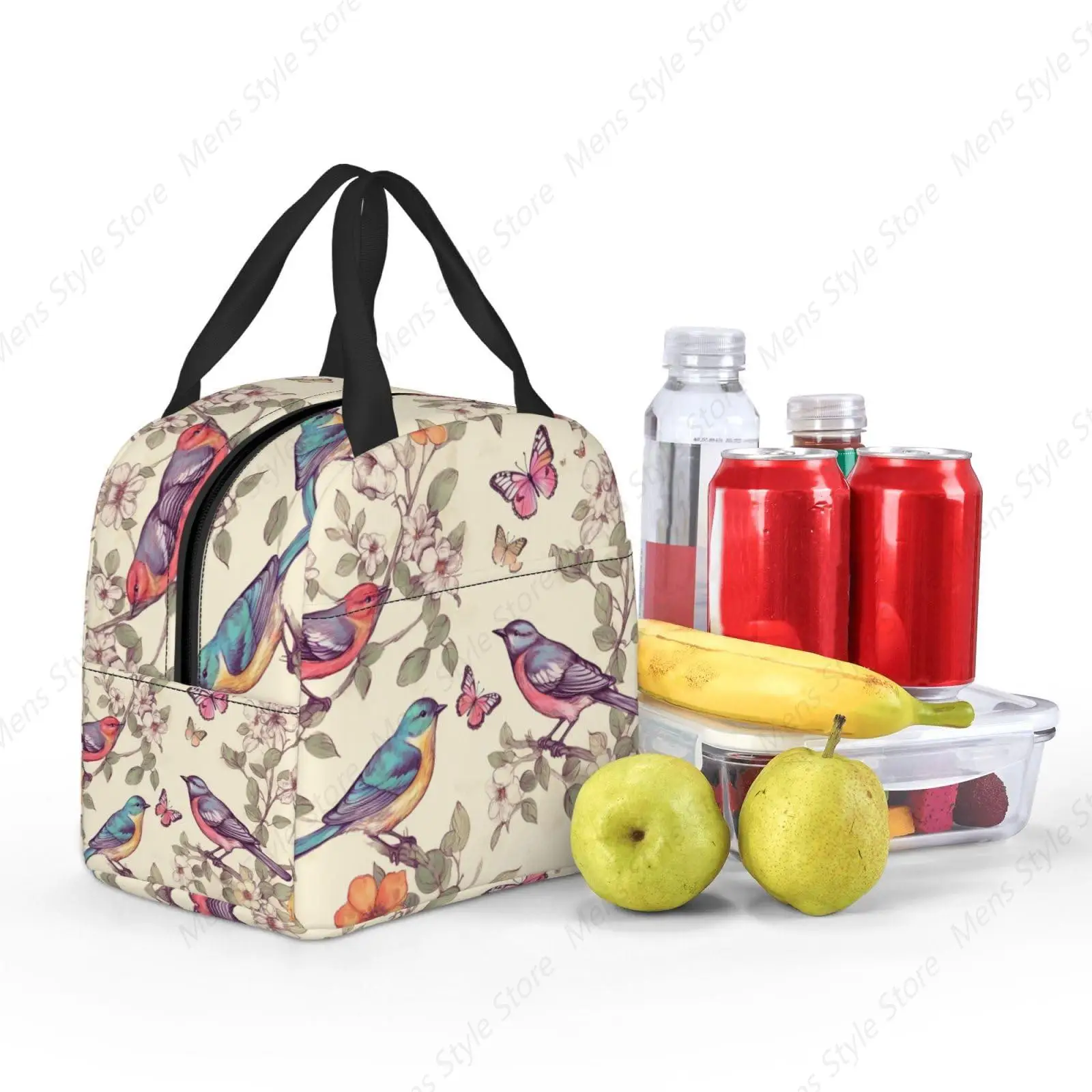 Lunch Bag Insulated Lunch Box for Women Men Reusable Cooler Bag Birds on Branches and Butterflies Tote for Work Picnic