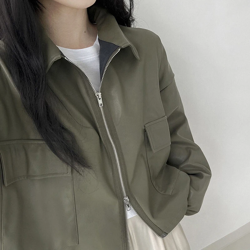 Faux Leather Women's Jacket Spring Autumn 2024 New Fashion Double Zip-up Coats Simple Solid Casual Motorcycle Leather Jacket