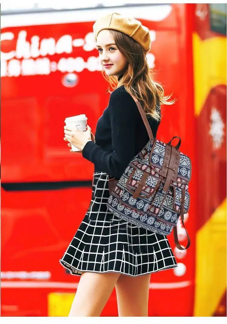 Trendy Große Kapazität Casual Persönlichkeit Kordelzug Persönlichkeit Geometrische Muster frauen Tasche Nationalen Exotischen Stil Rucksack – Detail 16