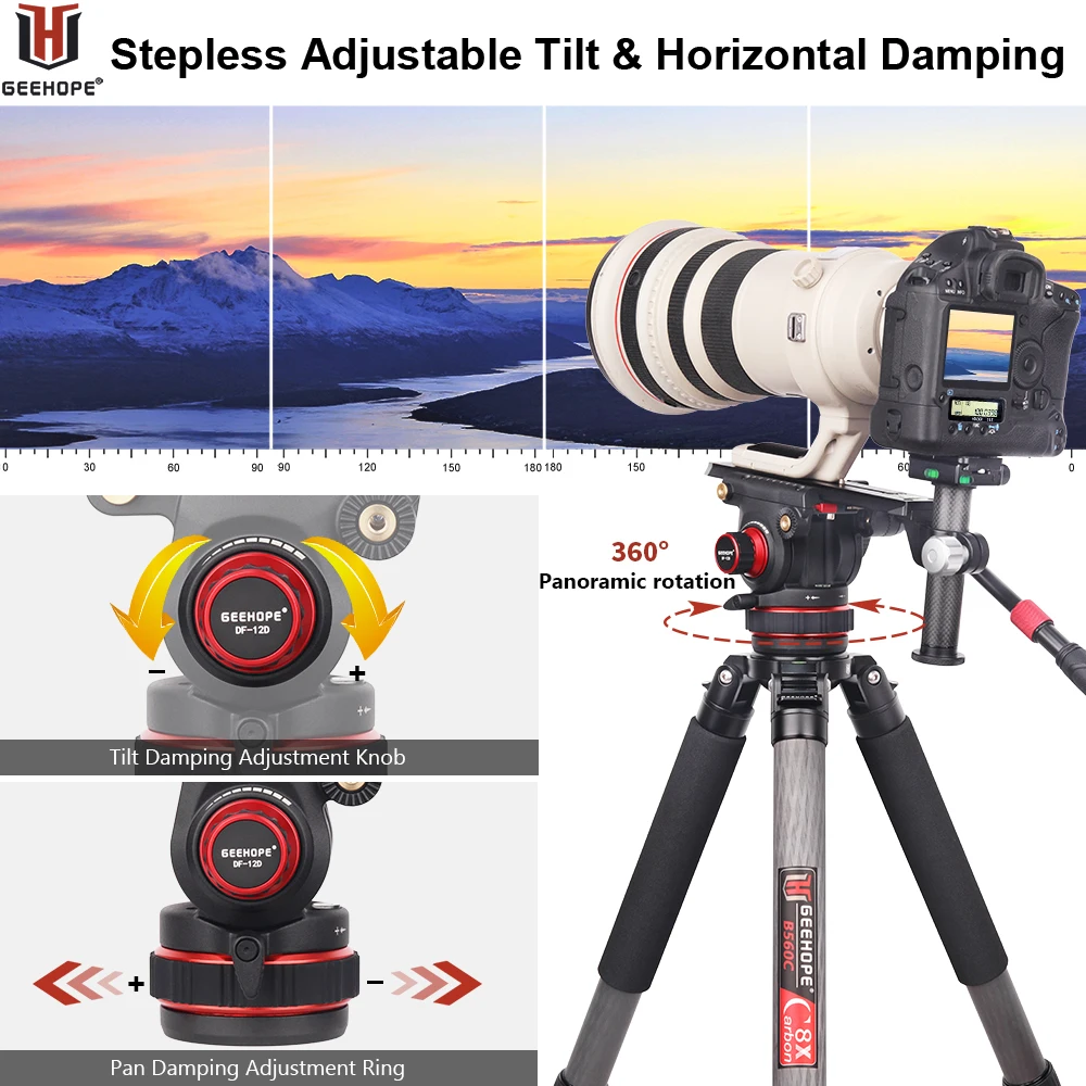GEEHOPE DF-12D Tripod Fluid Head with Flat Base and Adjustable Handle, for Tripod, Monopod, Video Cameras and DSLR, Maxload 12kg