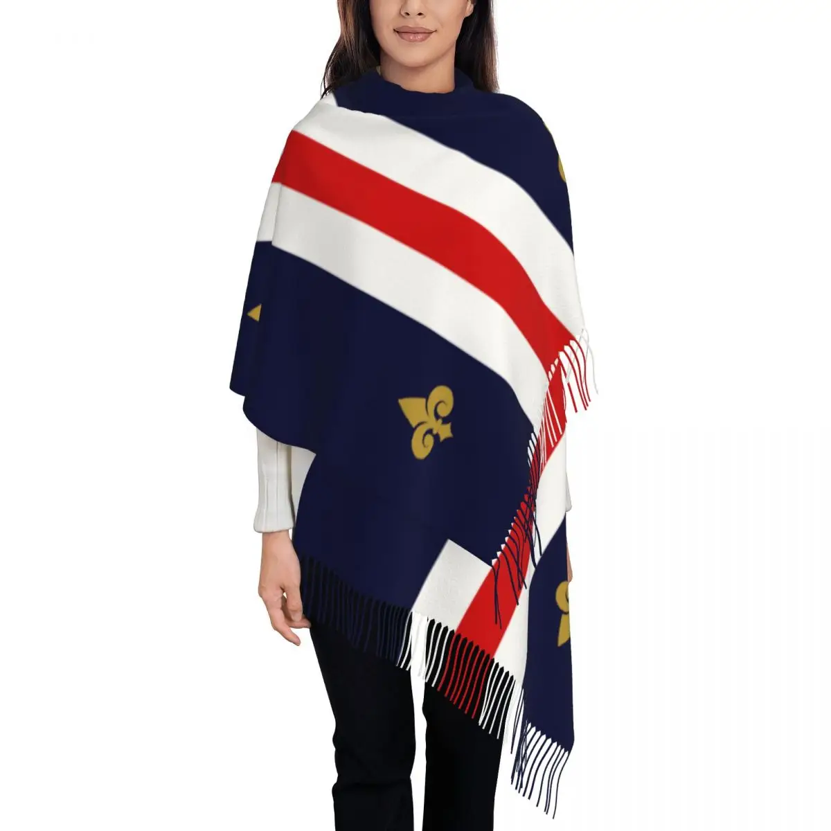 

Women's Scarf with Tassel Fleur De Lis Lily France French Flag Long Winter Fall Shawl Wrap Reversible Cashmere Scarf