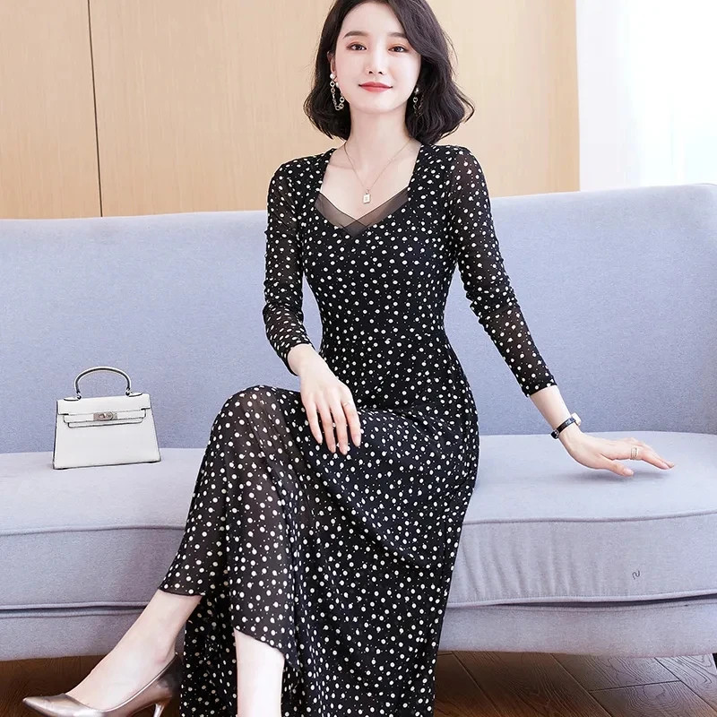 

Mesh Dress Womens 2022 New Spring Autumn Fashion Elegant Slim Dress Women Long Sleeve Large Size Pullover Print Long Skirt