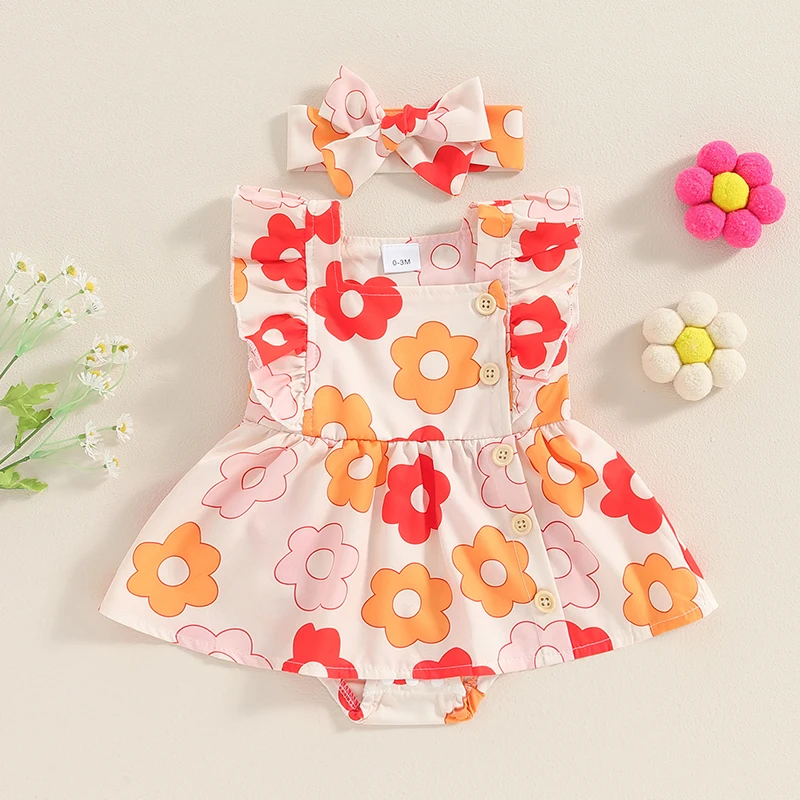 

Baby Girls Summer Outfits Ruffle Sleeveless Floral Print Romper Dress + Headband 2 Pieces Set for Newborn 0-18 Months