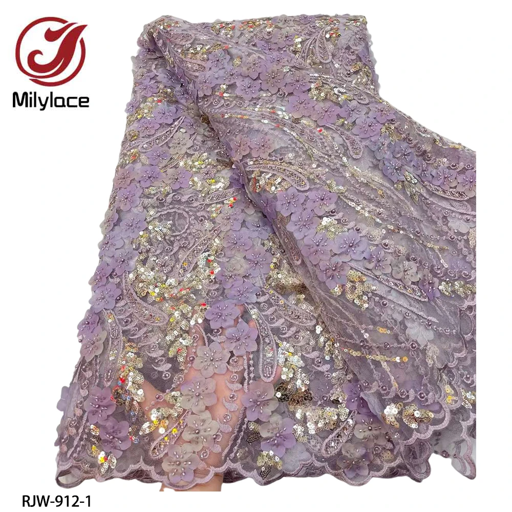 

Luxury African Beaded Lace Fabric High Quality French Sequins Mesh Tulle Lace Fabric Handmade Beads Lace for Wedding RJW-912