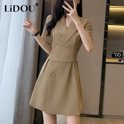 Summer New Office Lady Elegant Fashion Waist Dress Femme Short Sleeve Temperament Solid Robe Vestidos De Fiesta Women's Clothing