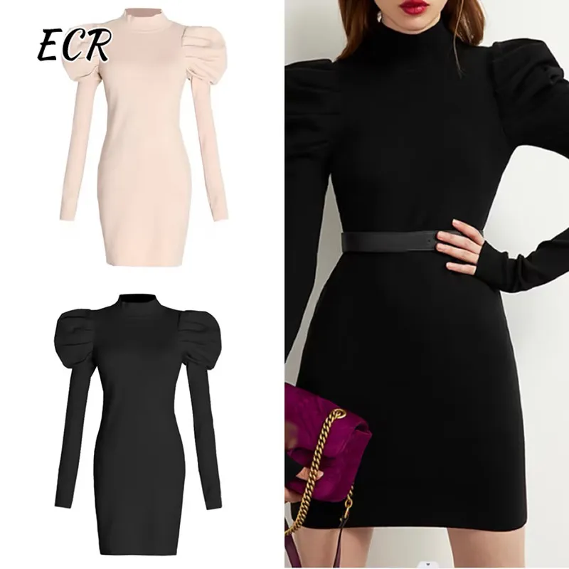 

ECR Solid Elegant Knitted Dress For Women Turtleneck Long Sleeve High Waist Minimalist Slimming Pullover Mini Dresses Female New
