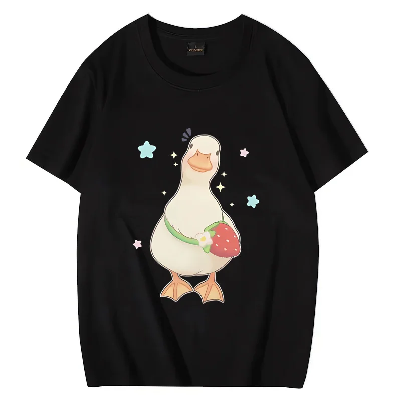 

Duck with Strawberry Bag Men Women Graphics T shirt Summer Casual Short Sleeve Cotton Tee Funny Oversized Unisex shirts for men