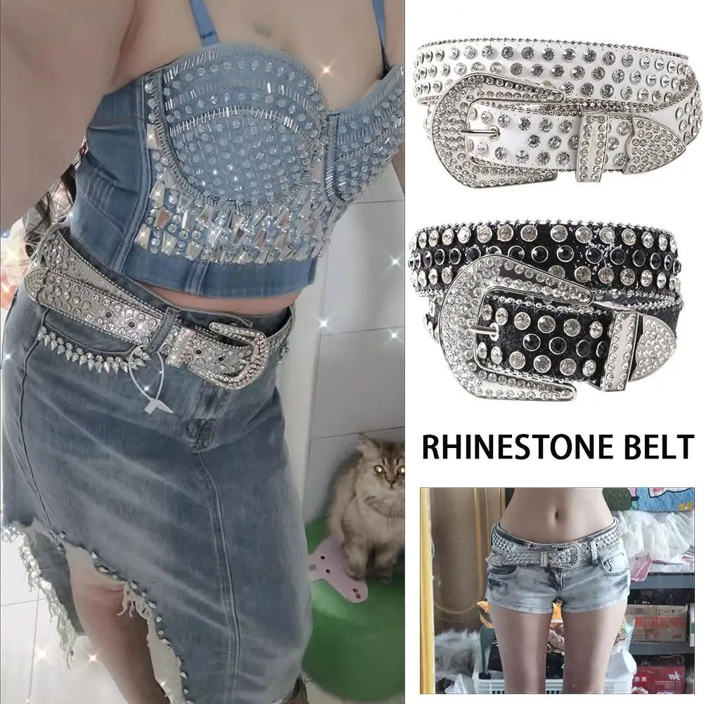 

Women's Jeans Rhinestone Belt Men's Belt Western Denim Belt Y2K Punk HipHop Leather Rock Shiny Design Style Rivet G5D6