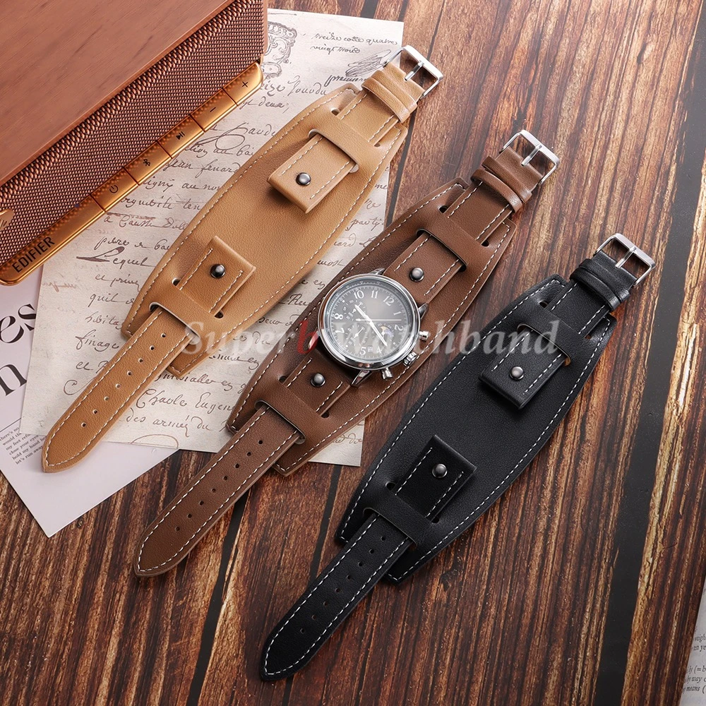 Men's Retro Style Leather Watch Strap - Black & Brown Palette