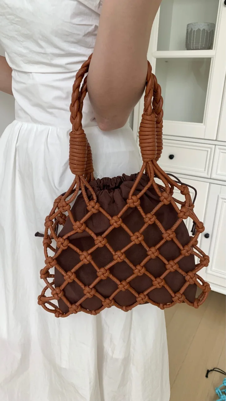 NEW Women Canvas Handbag Handmade Woven Rope Mesh Summer New Fashion Hollow Out Shoulder Bag