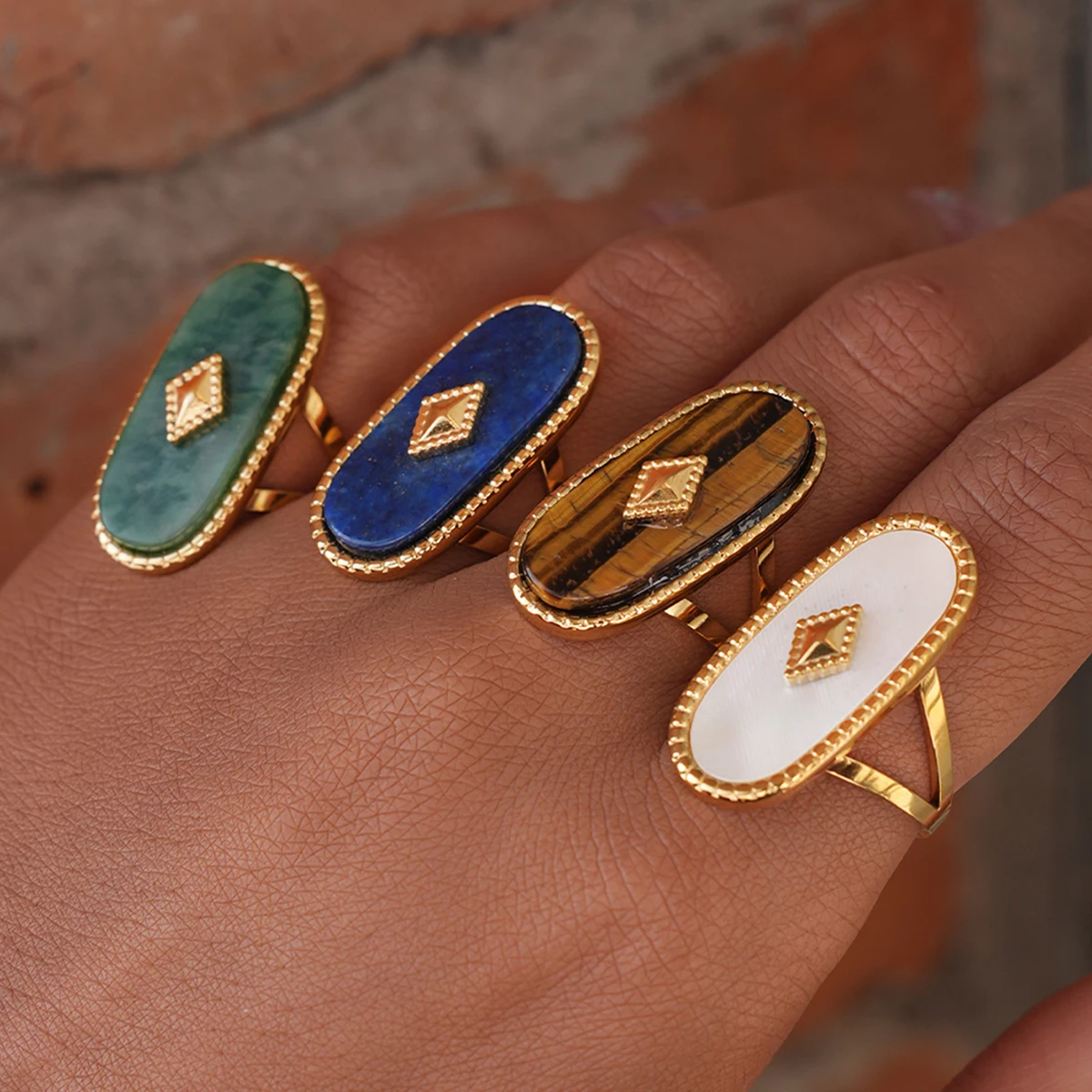 Modischer Naturstein-Edelstahlring, ovale Alpaka-Ringe für Damen, verstellbare Stapelringe, Damenschmuck, Geschenke für sie