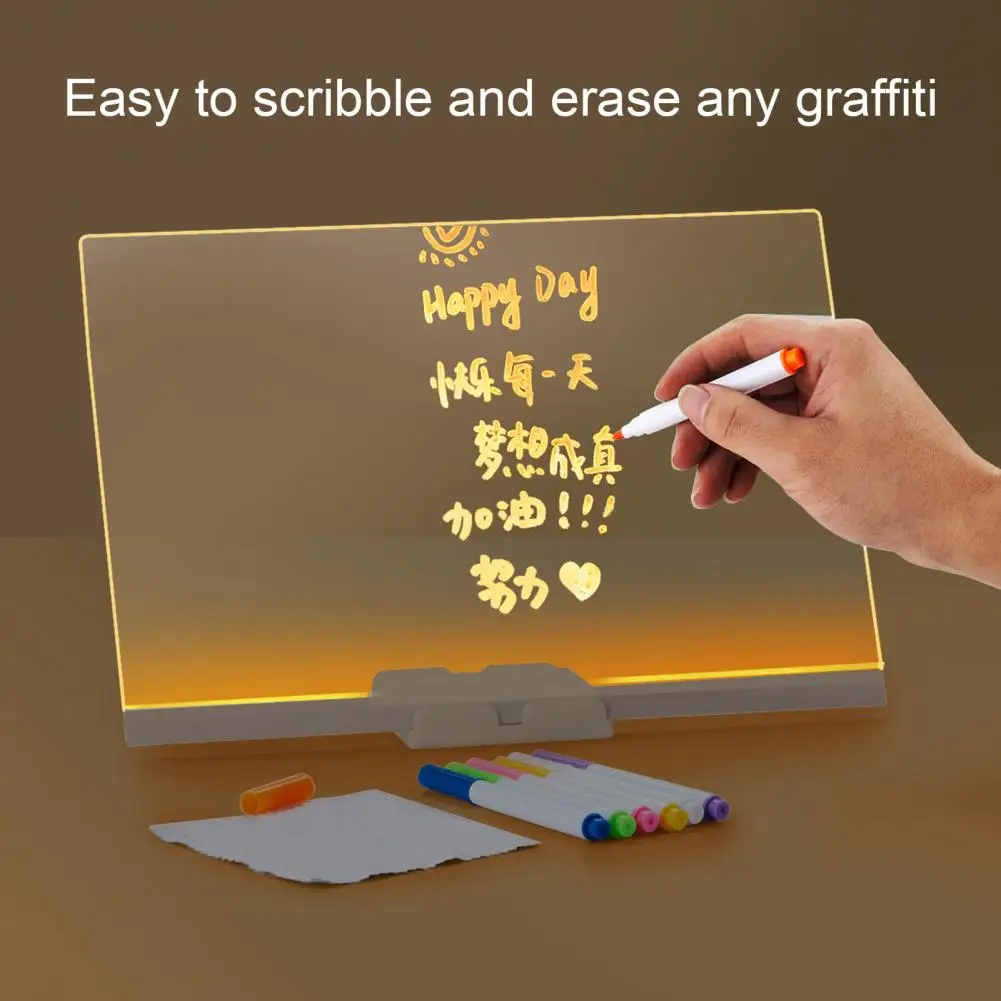 LED Note Board with Colors Light Up Acrylic Message Board Transparent Faux Crystal Clear Writing Surface Adjustable Stand