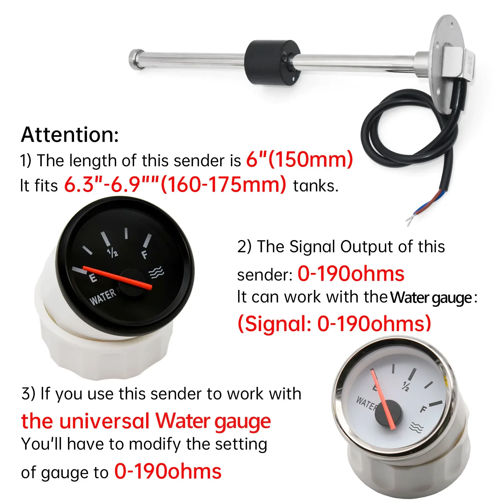 52mm Water Level Gauge+Water Level Sensor 100-500mm Water Tank Meter Indicator W
