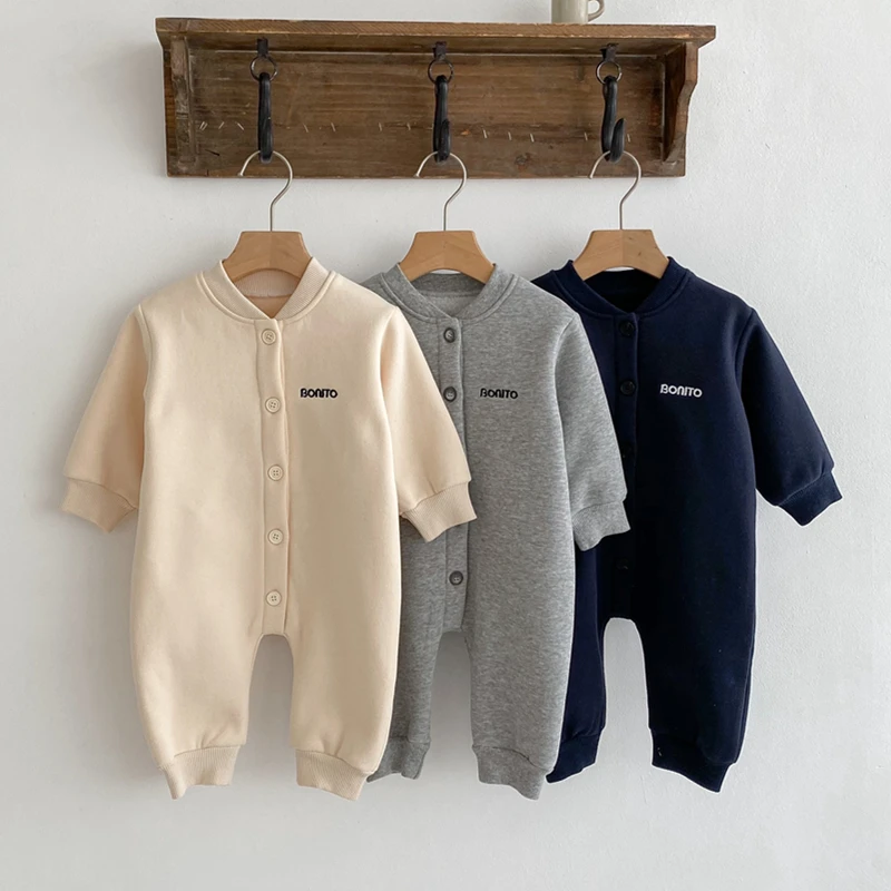 

Infant Baby Boy Girl Bodysuit Winter Solid Letter Embroidery Jumpsuit for Newborns Cotton Plus Velvet Kids Clothes Girls 0-3Y