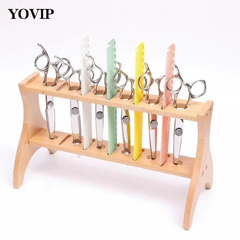 

Pro Barbershop Scissors Holder Wooden Shear Standing Rack Salon Hair Trimmer Organizer Hairdressing Combs Display Shelf