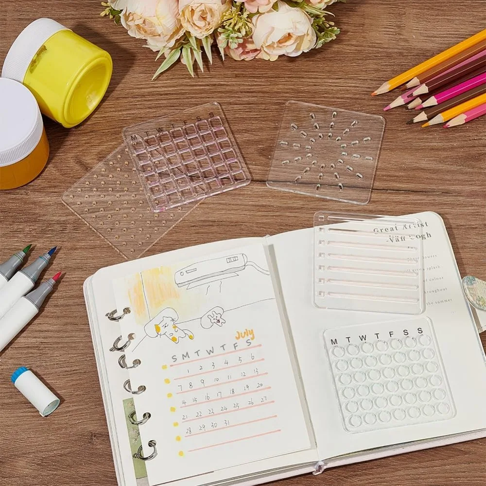 5Pcs Acrylic Calendar Stencil Template, Journal Painting Stencils, Square Grid Round Grid Round Dot Reusable Stencils