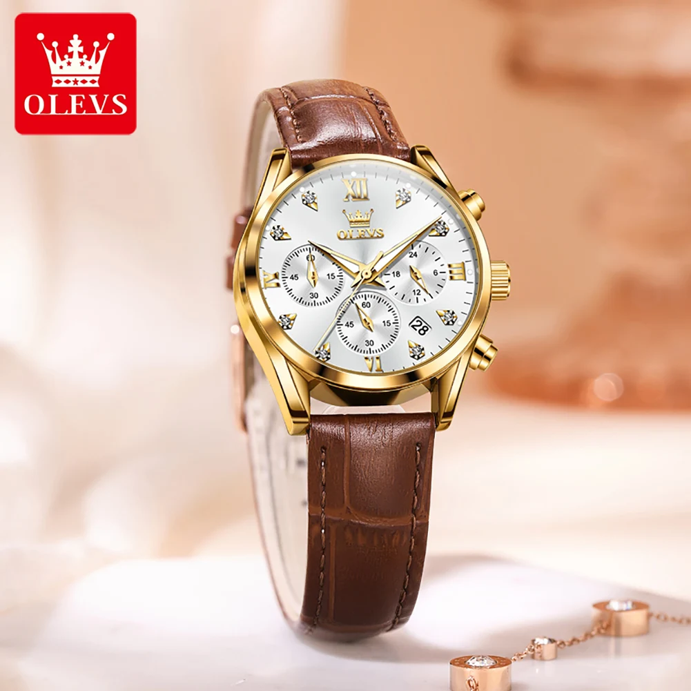 OLEVS Quartz Watch for Women Fashion Leather Strap Waterproof Luminous Auto Date Fashion Elegant Ladies Wristwatches Reloj Mujer