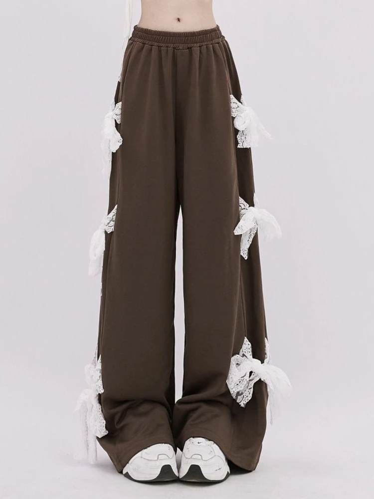 HOUZHOU Y2k Kawaii Sweet High Waist Wide Leg Pants Korean Style Fashion Streetwear Bow Bandage Loose Sweatpant Soft Gril 2024