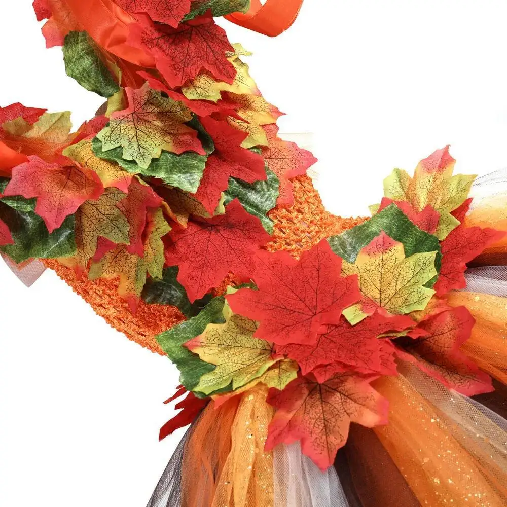 Glitzernde Ahornblatt-Prinzessinnenkleider für Mädchen, Herbst-Herbst-Halloween-Kostüme für Kinder, hoch niedriges, funkelndes Tutus-Outfit mit Schleppe – Detail 14