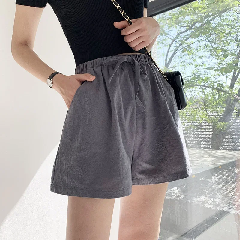 Women's Cotton Linen Shorts - High Waist Summer Sports Shorts, Solid Color Casual Basic Pants, Plus Size Fashion Black Shorts