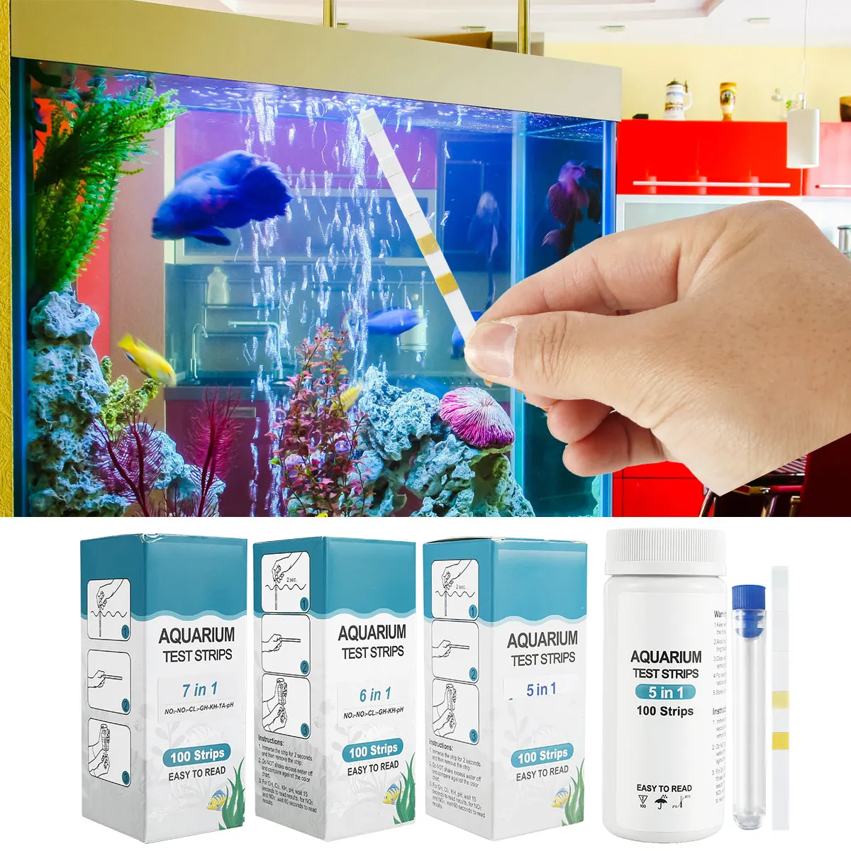 100pcs 5/6/7-IN-1 Test Strips Fish Tank Test Aquarium Kit Freshwater Saltwater Water to Detect PH NO3 NO2 GH KH CI TCL