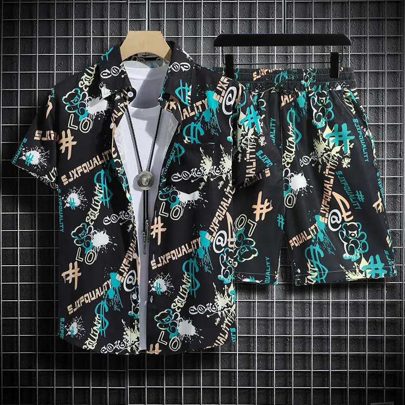 

Summer Men's Hawaiian Beach Set: Short-Sleeved Floral Shirt + Ice Silk Shorts Suit