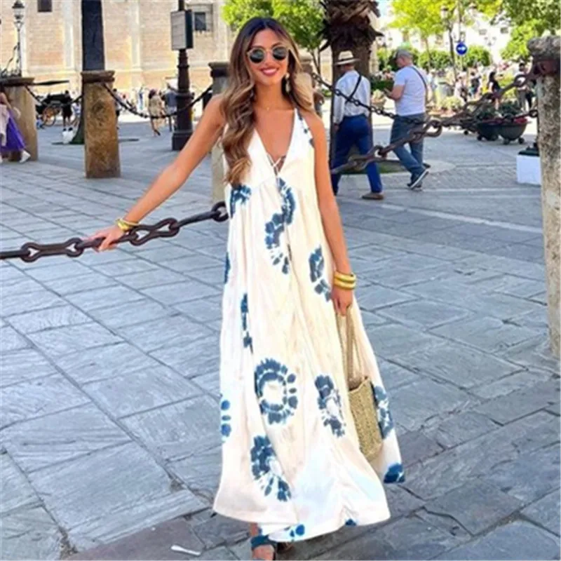 

Summer Female Vacation Dresses Bandage V-neck Elegant Lady Robe Printed Beach Women Dress Sexy Backless Sleeveless Reched 2023