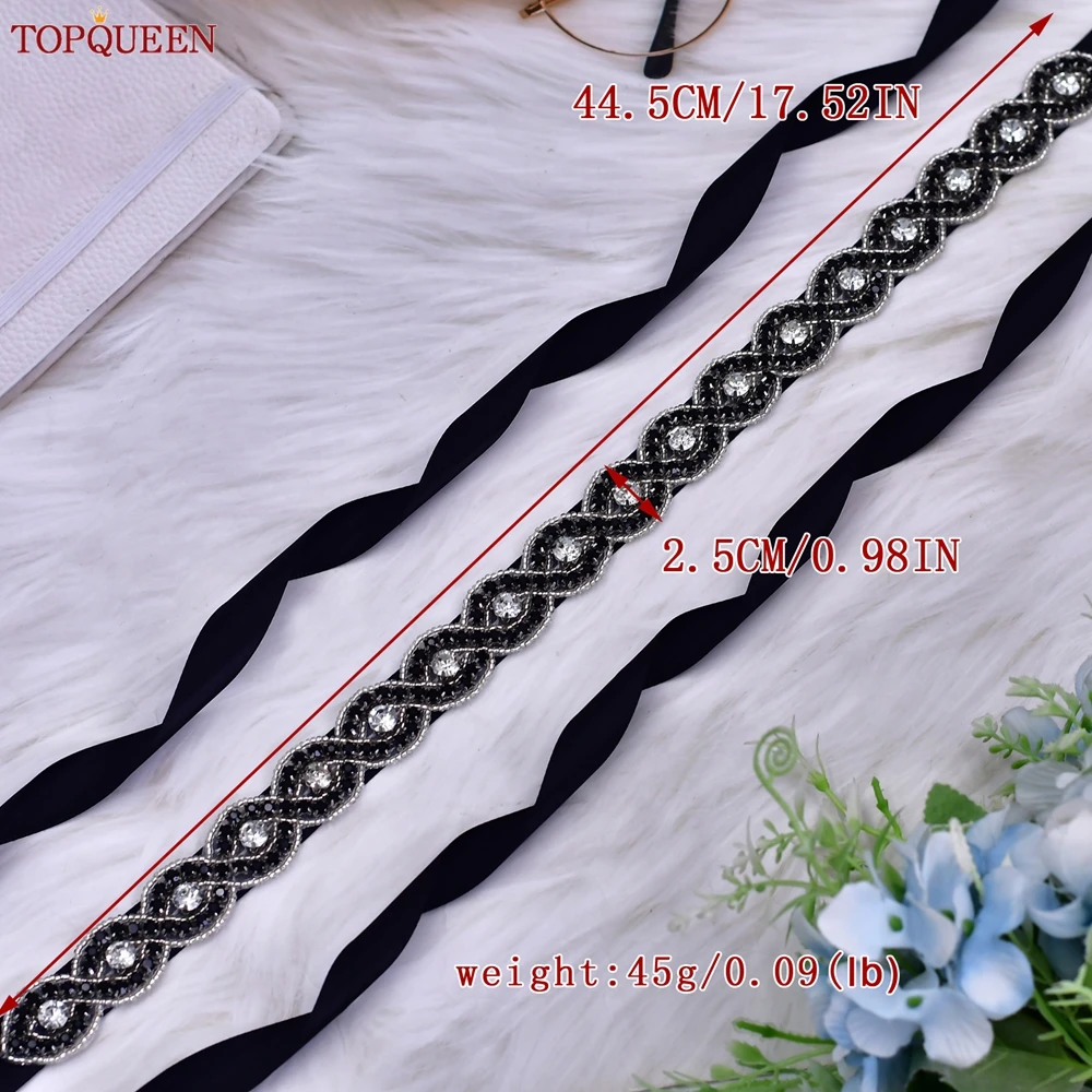 TOPQUEEN Black Rhinestone Belt New Bridal Thin Belt Prom Black Dress Waist Decoration Wedding Dress Accessories S28-BK