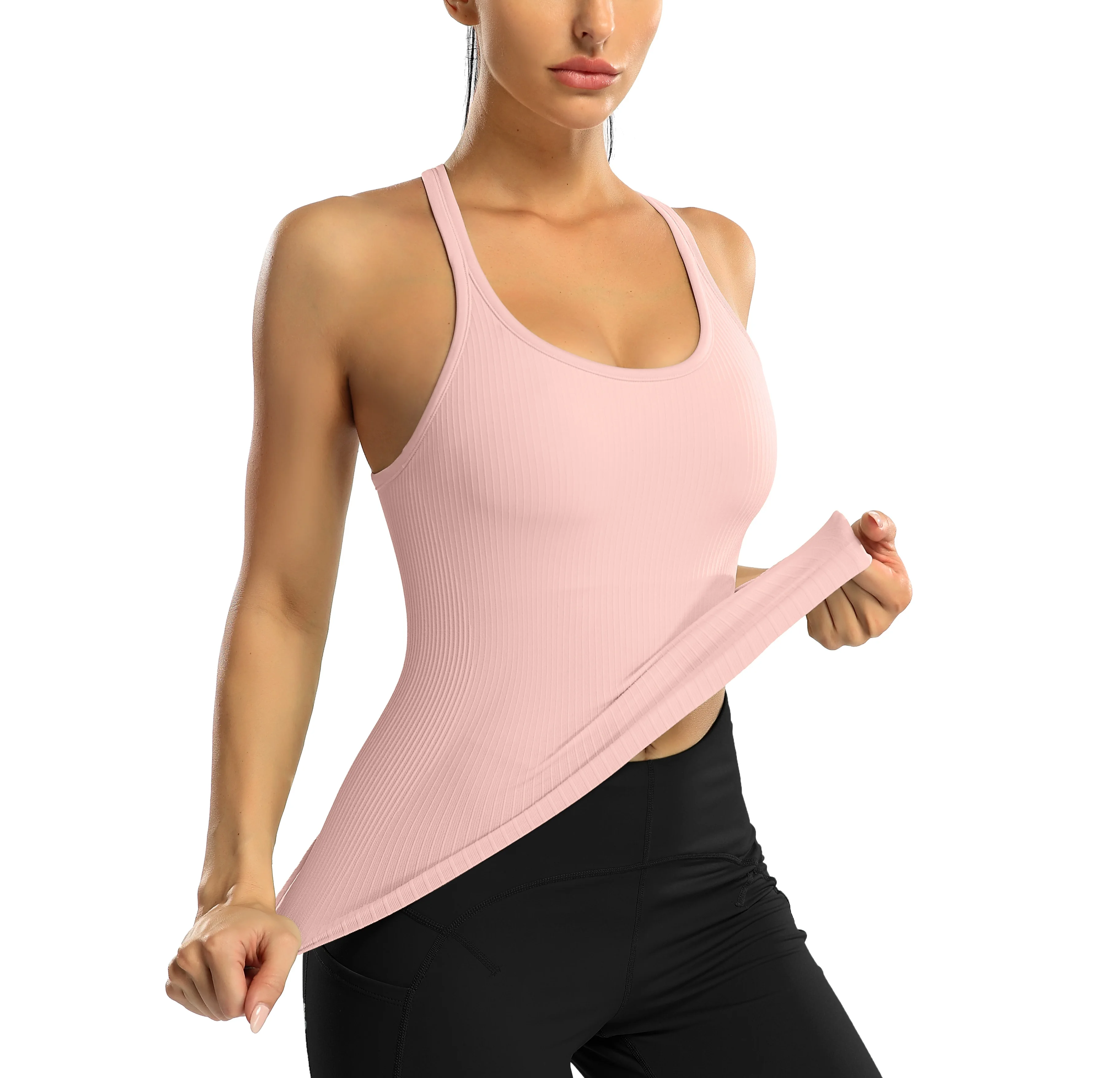 Anfilia Women Sports Tank Tops Slim Fit with Padded Solid U Neck Racerback High Elastic Running Yoga Cycling Tops 3