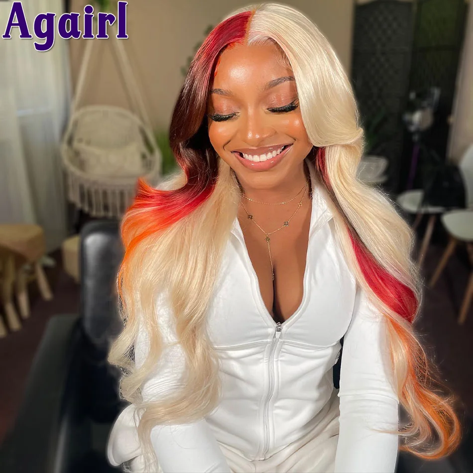 

Ombre Red 99J 613 Blonde 13X6 Body Wave Human Hair Wigs 200Density 30Inch Transparent 13X4 Lace Frontal Wig PrePlucked for Women