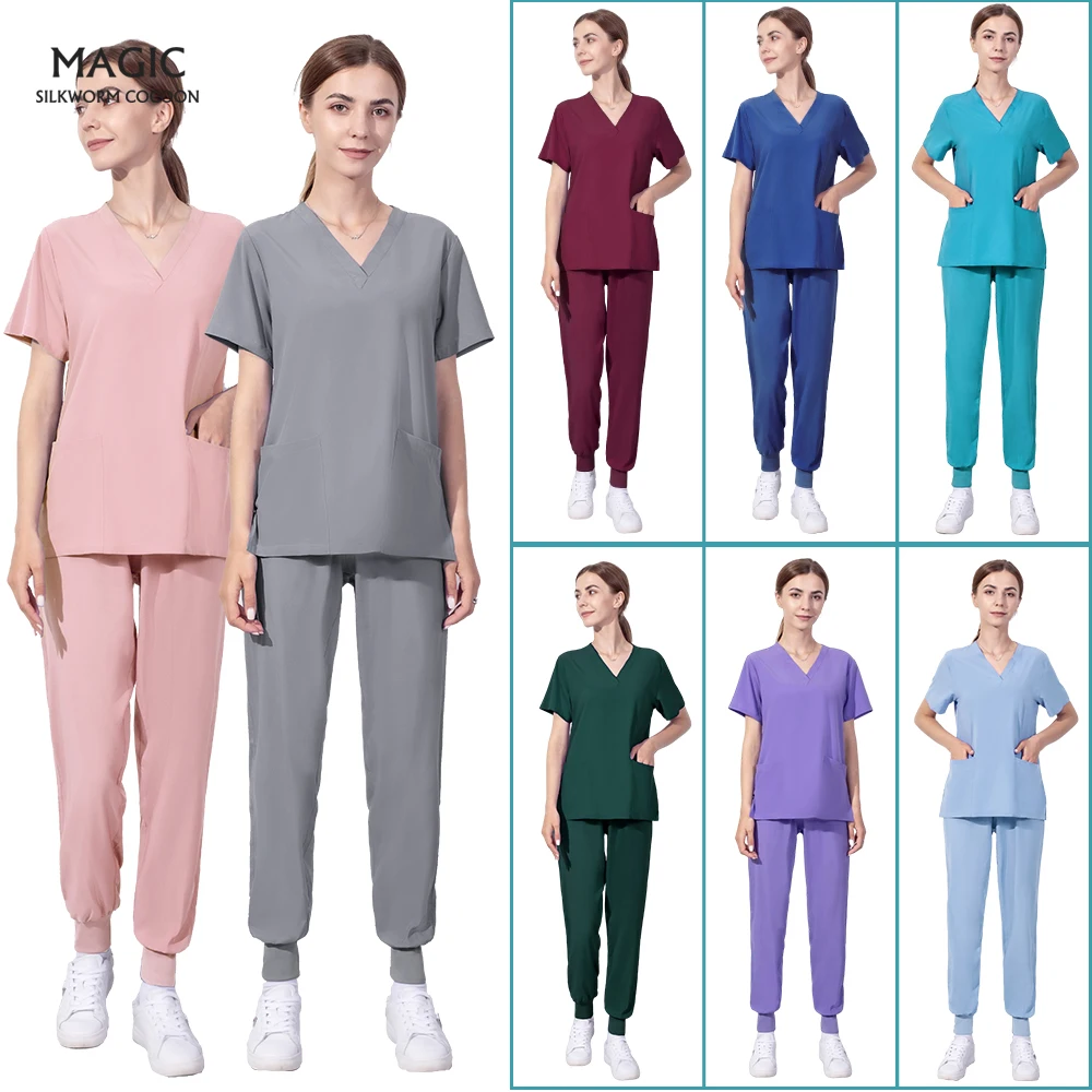

Wholesale Fashion Scrub Suits Hospital Uniform Set Solid Color Unisex Surgical Gown Pocket V-neck Scrubs Set for Women Joggers