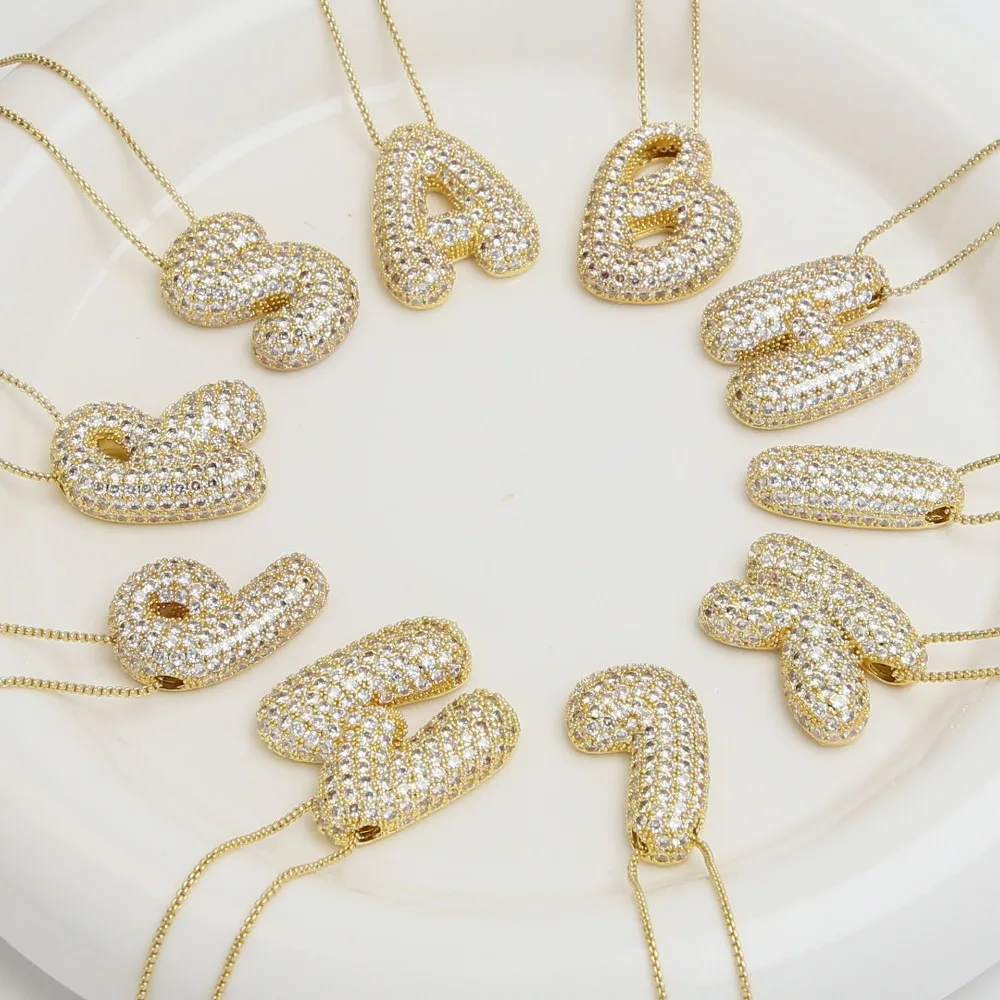 18K Gold Plated Chubby Alphabet Initial Necklace Box Chain Letter Choker Waterproof Sparkle Zircon Collar Jewelry Birthday Gifts