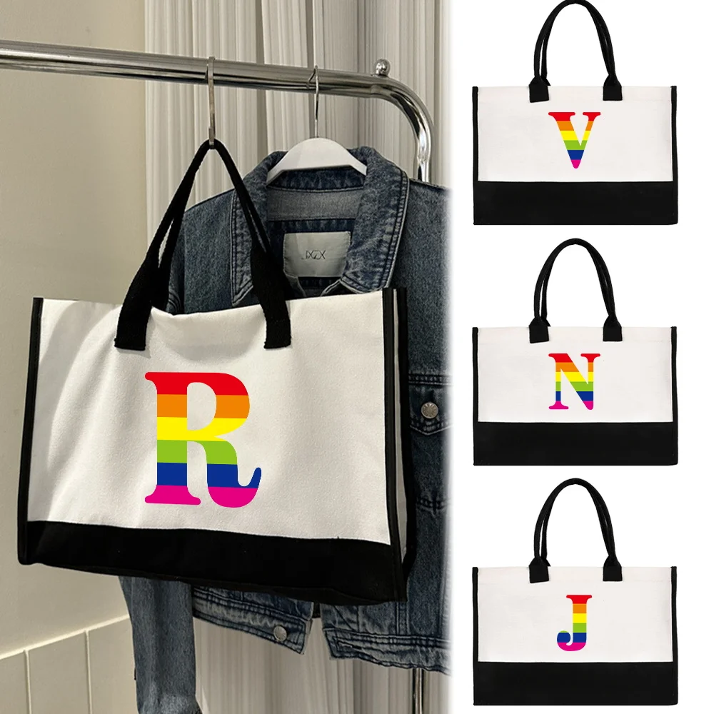 

Portable Women's Handheld Shopping Bag Reusable and Environmentally Friendly Jute Shopping Rainbow Letter Series Print Pattern