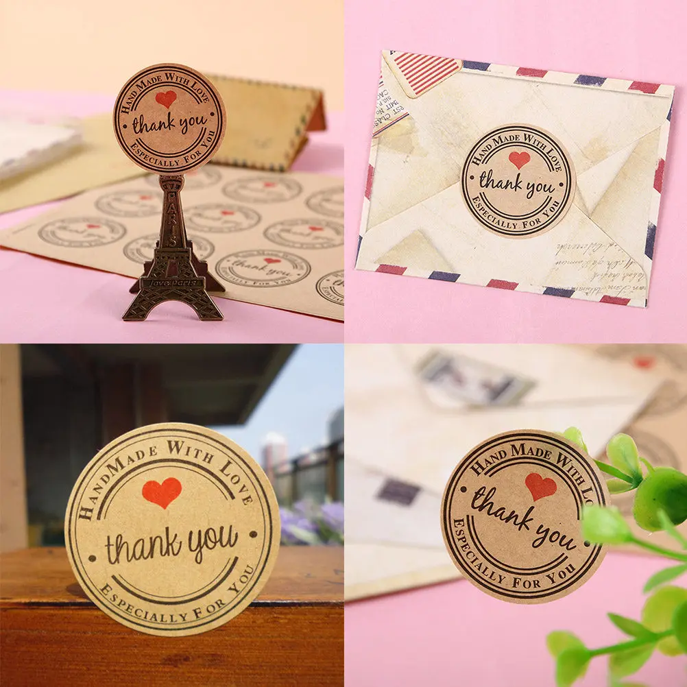 500Pcs 라운드 하트 모양의 셀프 스틱 크래프트 스티커 롤 베이킹 장식 캔디 가방 씰링 감사 라벨 손으로 만든