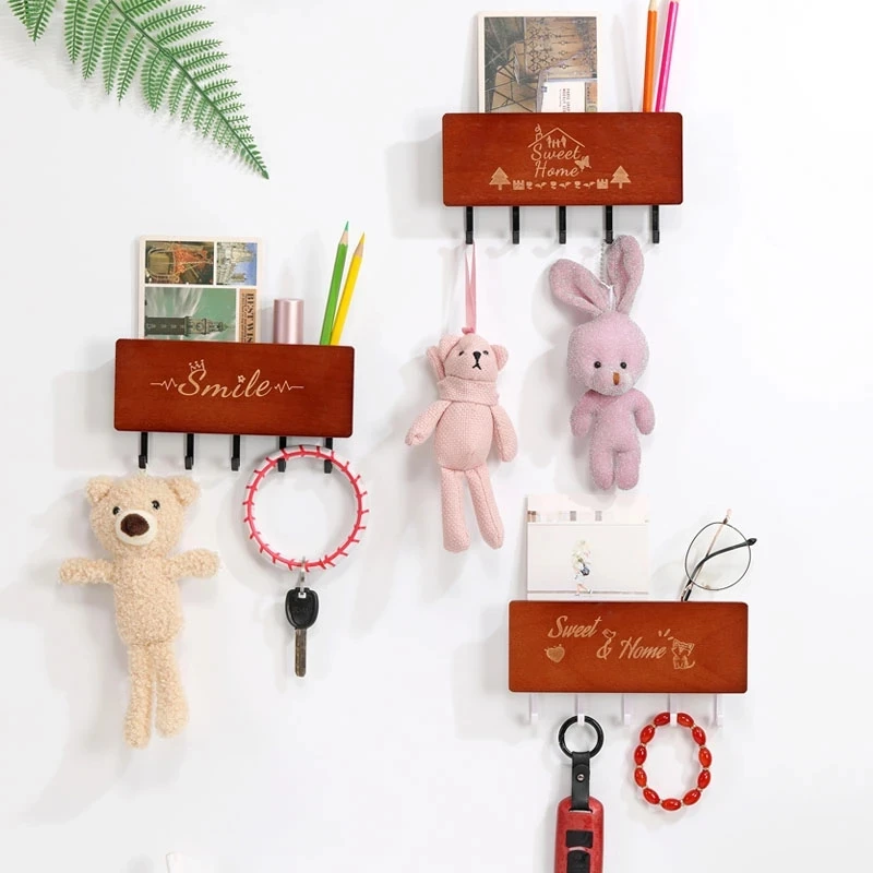 Multifunction Household Hook Wall-hung Wooden Decorative Shelf Sundries Storage Box Organizer Key Rack Dry Flower Holder Crafts