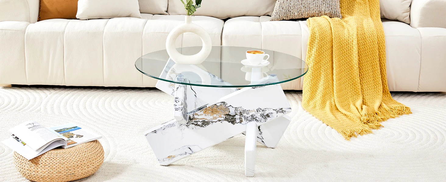 Mehrfarbig optionaler runder Couchtisch aus MDF + Glas: weiße, marmorierte Stützbeine, schlicht und stilvoll. 79cm Durchmesser – Detail 13