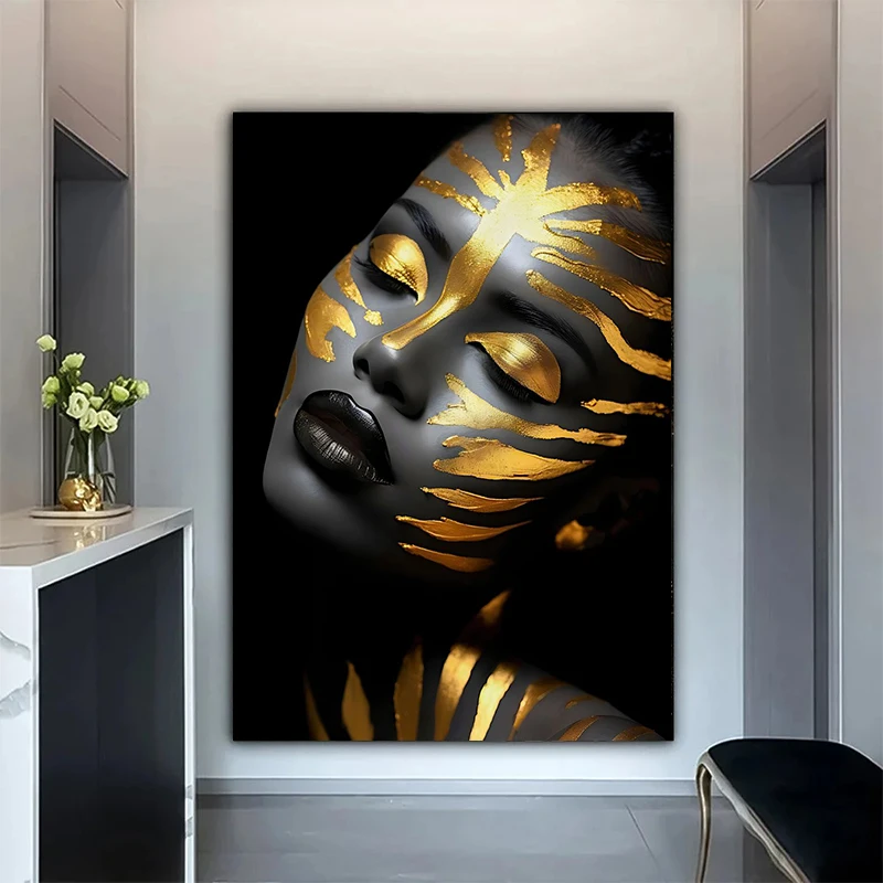 Elegant African Black and Gold Woman Portrait Canvas Art for Modern Living Room Decor