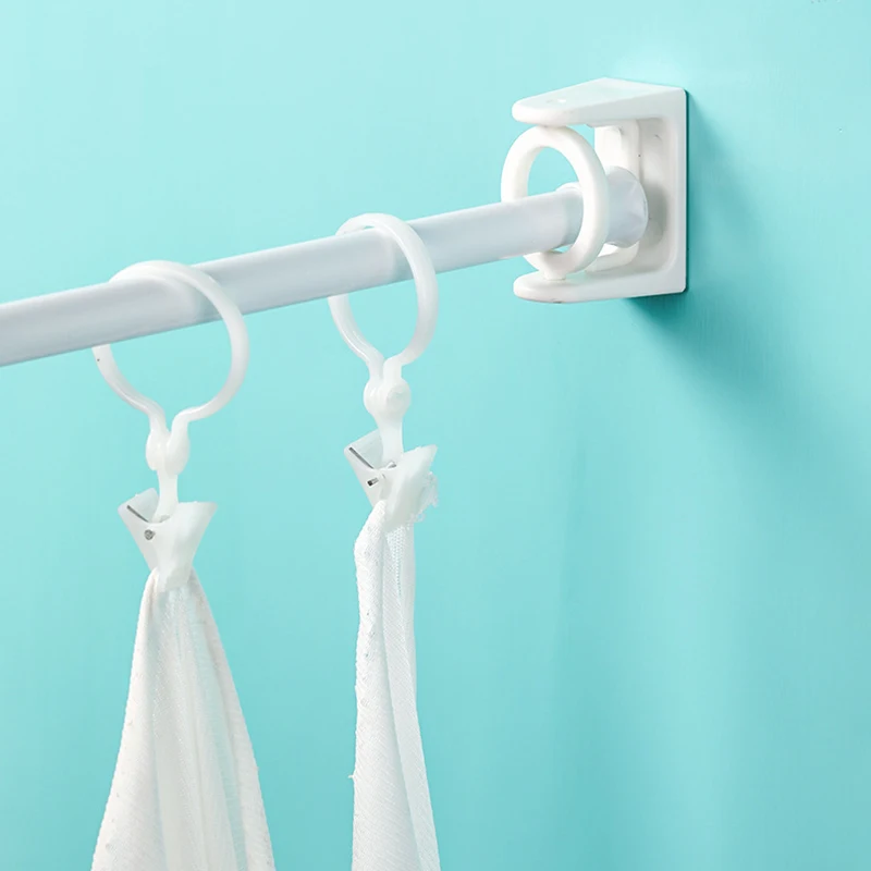 2 Pcs Punch-free Adjustable Curtain Rod Hook Clamp Self Adhesive Clothes Rail Bracket 360 Rotation Triangle Ring multi purpose hooks wall holder curtain rod hook