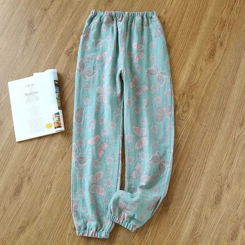 

New Home Dyed Women's Pajamas 2023 Yarn Double Crepe Loose Sided Spring Beachwear Pants Summer Ladies Cotton