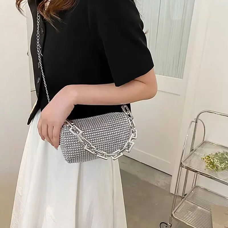 Full Version Rhinestone Bucket Tote Bag, Stylish Sparkling Chain Ball Pillow Shoulder Bag, Women's Mini Hand-Held Crossbody Bag
