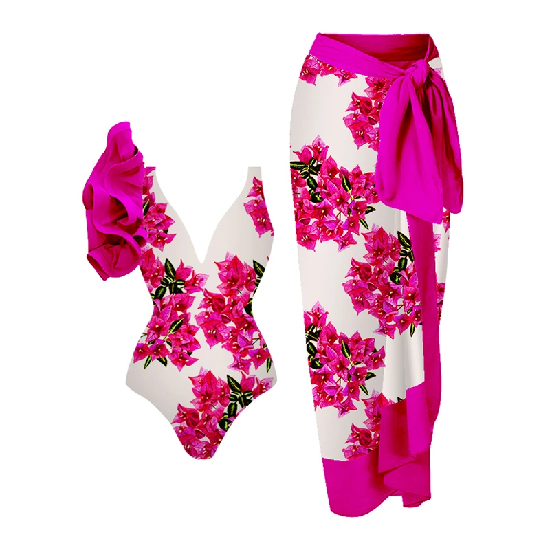 WomenOnePieceSwimsuitCoverUpRuffledAsymmetryOnePieceSwimwear