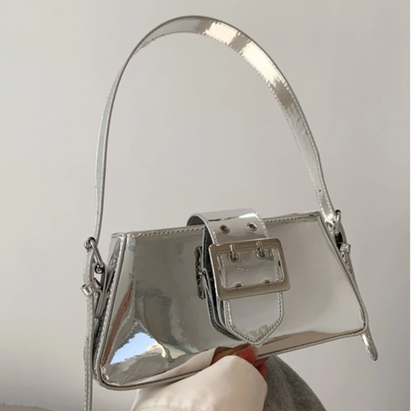 

MBTI Silver Womens Shoulder Bags Fashion Glossy Solid Color Design Handbag for Phone Leather Casual Motorcycle Underarm Bags New
