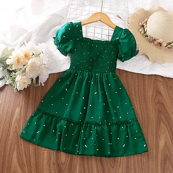 Dress Kids Girls Dark Green Cute Princess Dress 2-6 Years Short Sleeve Dress Square Collar Puff Sleeve Layered Dress