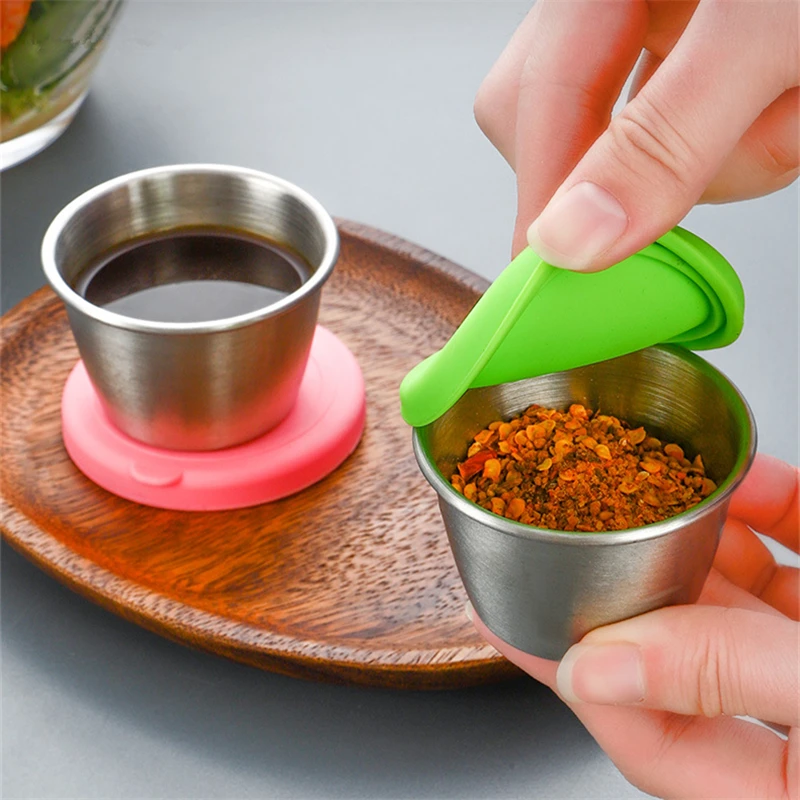 

40/50/70ML Sealed Silicone Lid Sauce Cup Stainless Steel Small Seasoning Bowl Salad Tomato Dipping Saucer Box Kitchen Tableware